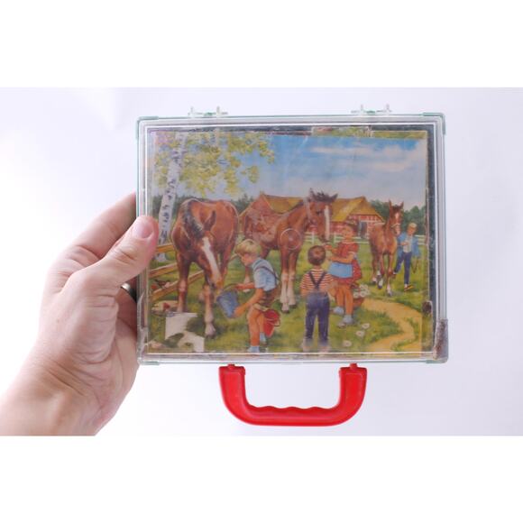 1960s Vintage Wooden Block Puzzle in Plastic Carry, Eichhorn, West Germany, - Picture 1 of 2